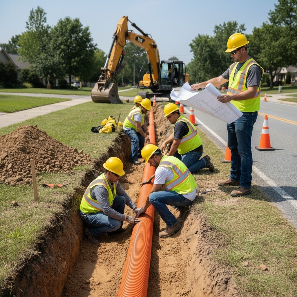 Field team installing fiber ducts along a residential corridor