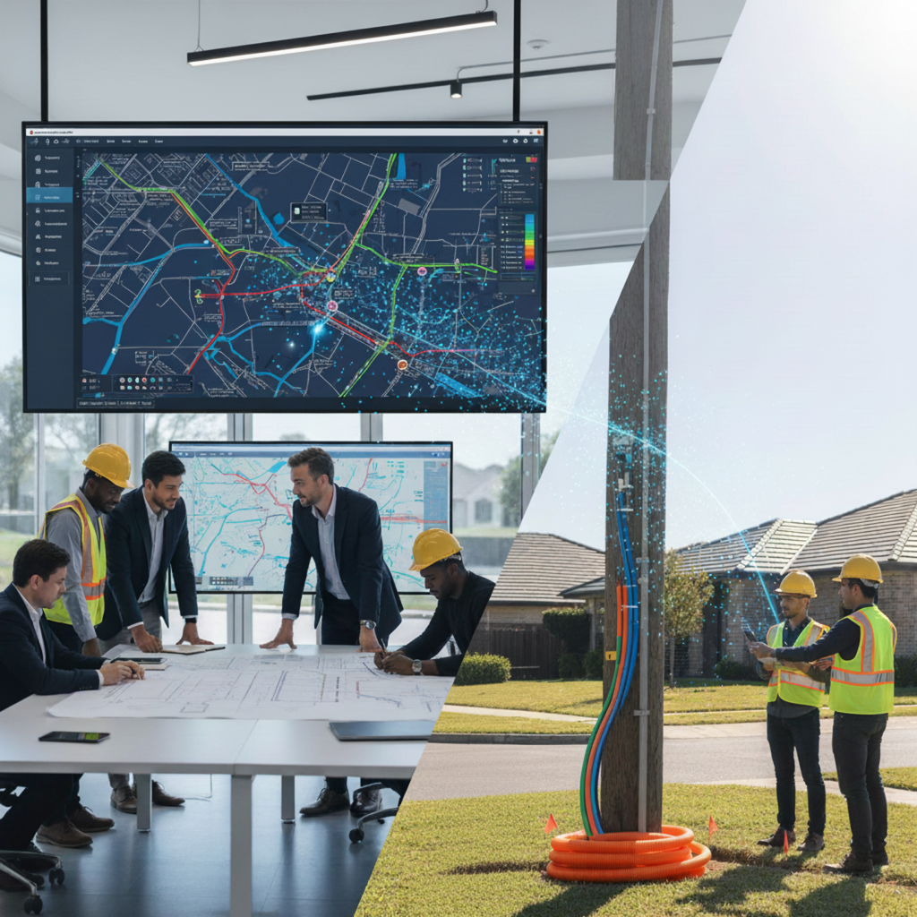 Telecom engineers collaborating on fiber planning and field deployment