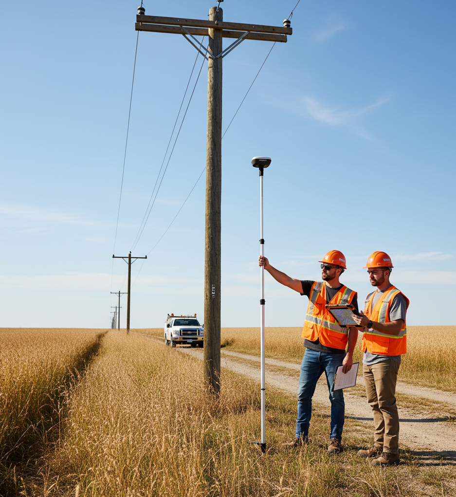 Field technicians capturing pole data for utility engineering