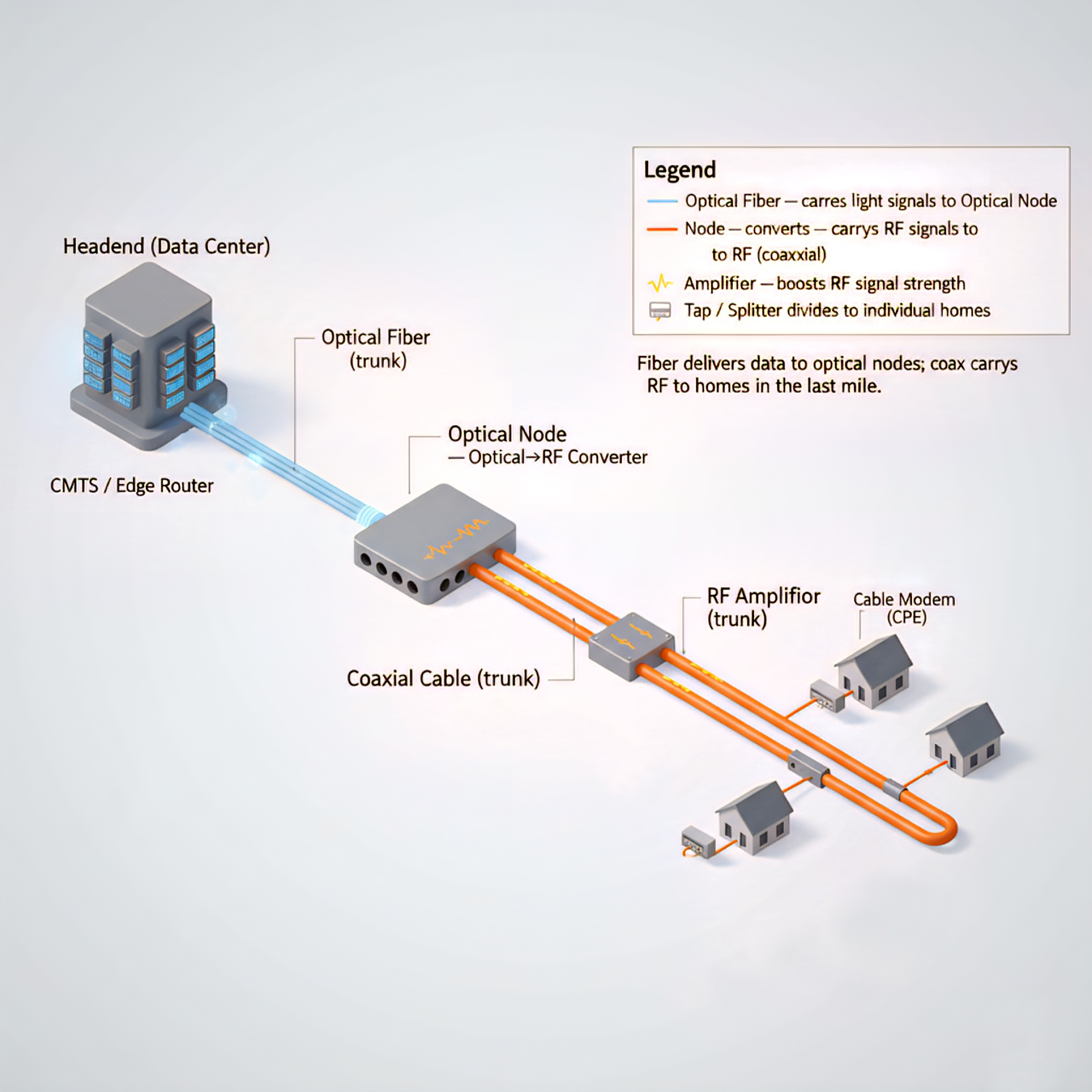 Hybrid Fiber-Coaxial delivers data via fiber and coax cables